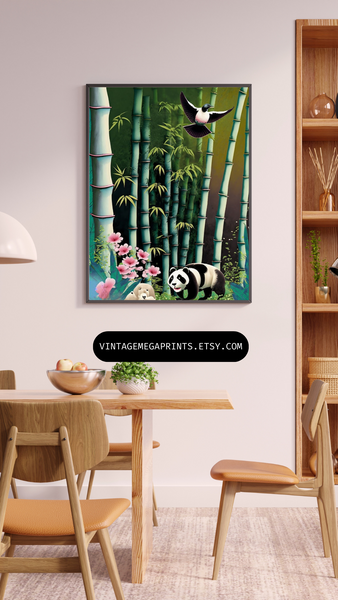 Firefly Bamboo Forest with Panda's, Birds and Flowers Print.